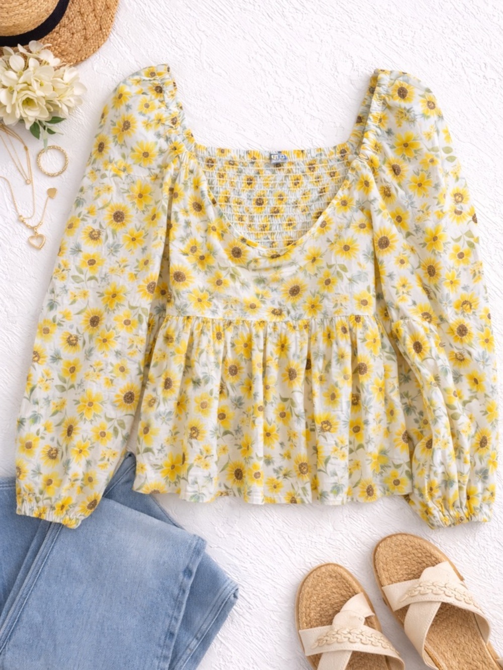 Old Navy Sunflower Floral Smocked Peplum Top | Puff Sleeve Cottagecore Boho